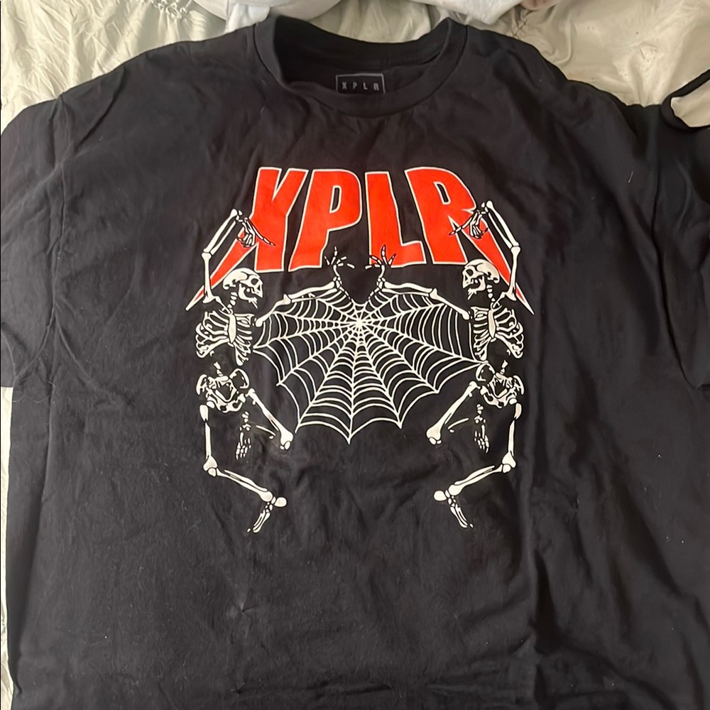 XPLR Black Tee with Skeleton and Web Design